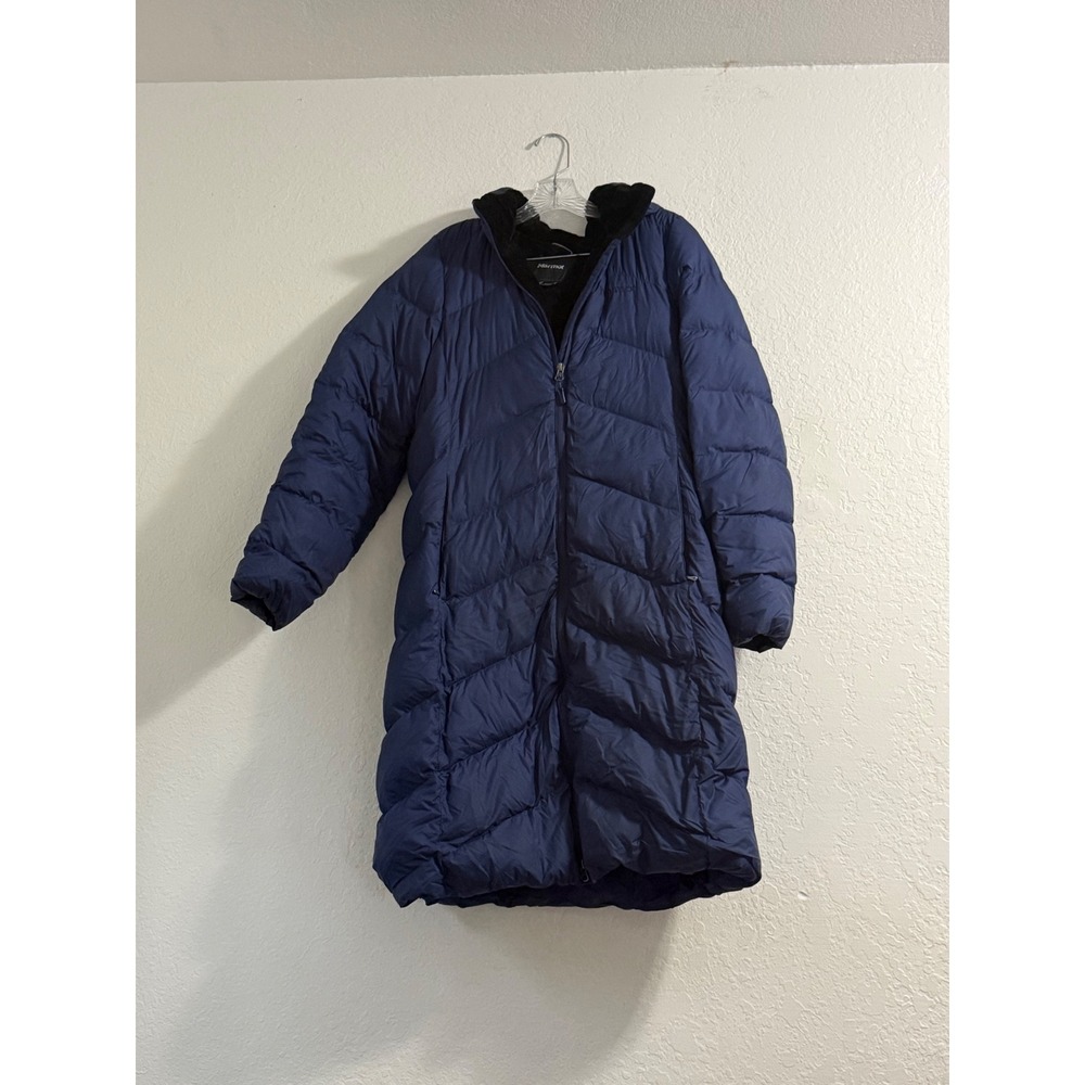 Marmot Montreal Down Coat Navy Blue Faux Fur Hood Puffer Parka Large